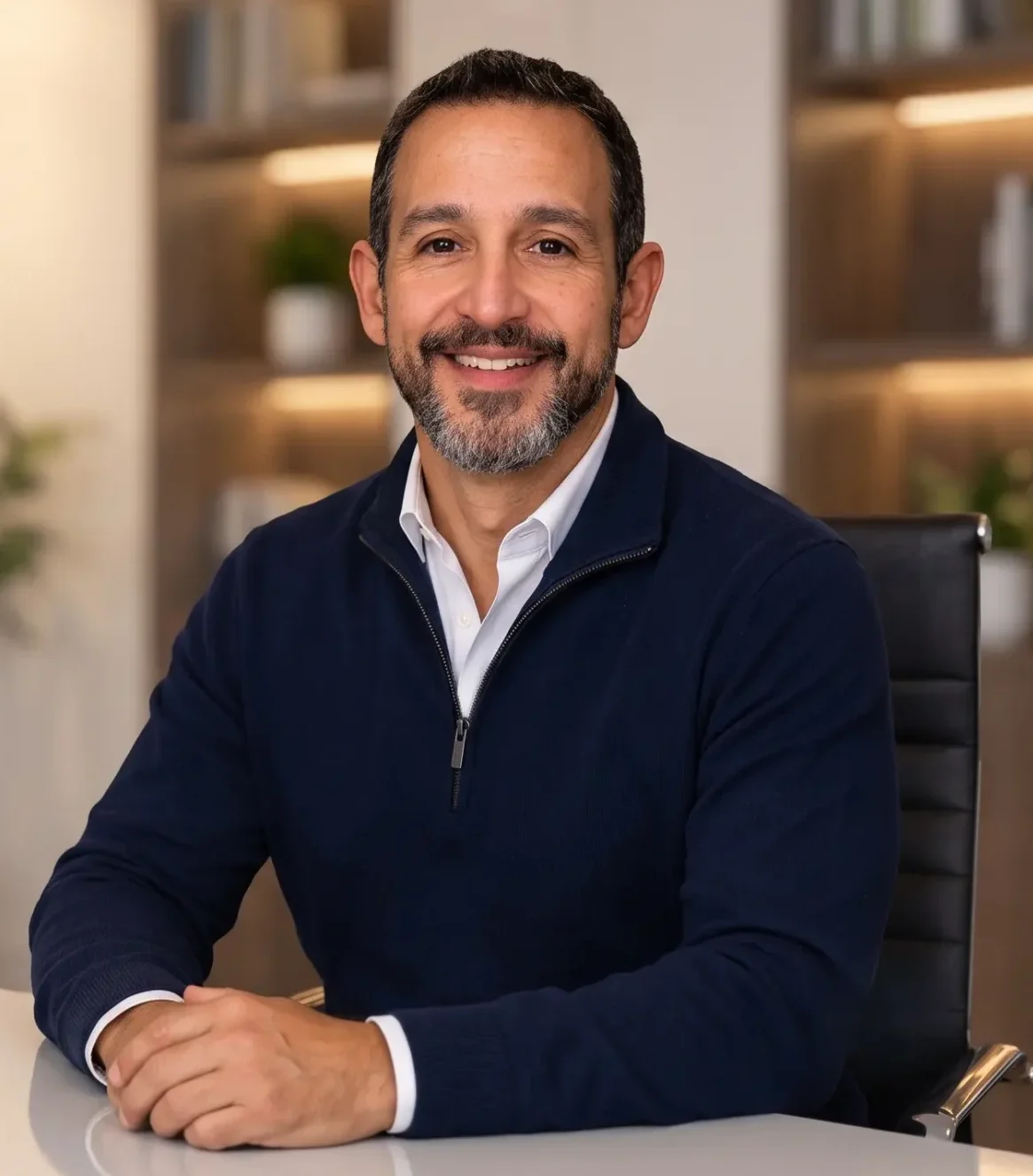 Juan Velasco, MBA - Former HVAC owner and business strategist seated at a desk